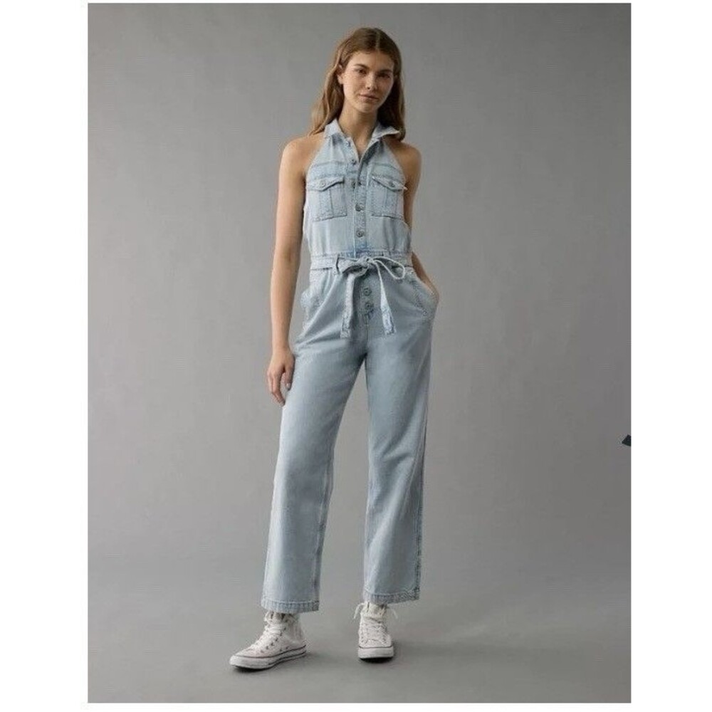 American Eagle Outfitters Denim Collared Halter Jumpsuit Size XL NWT